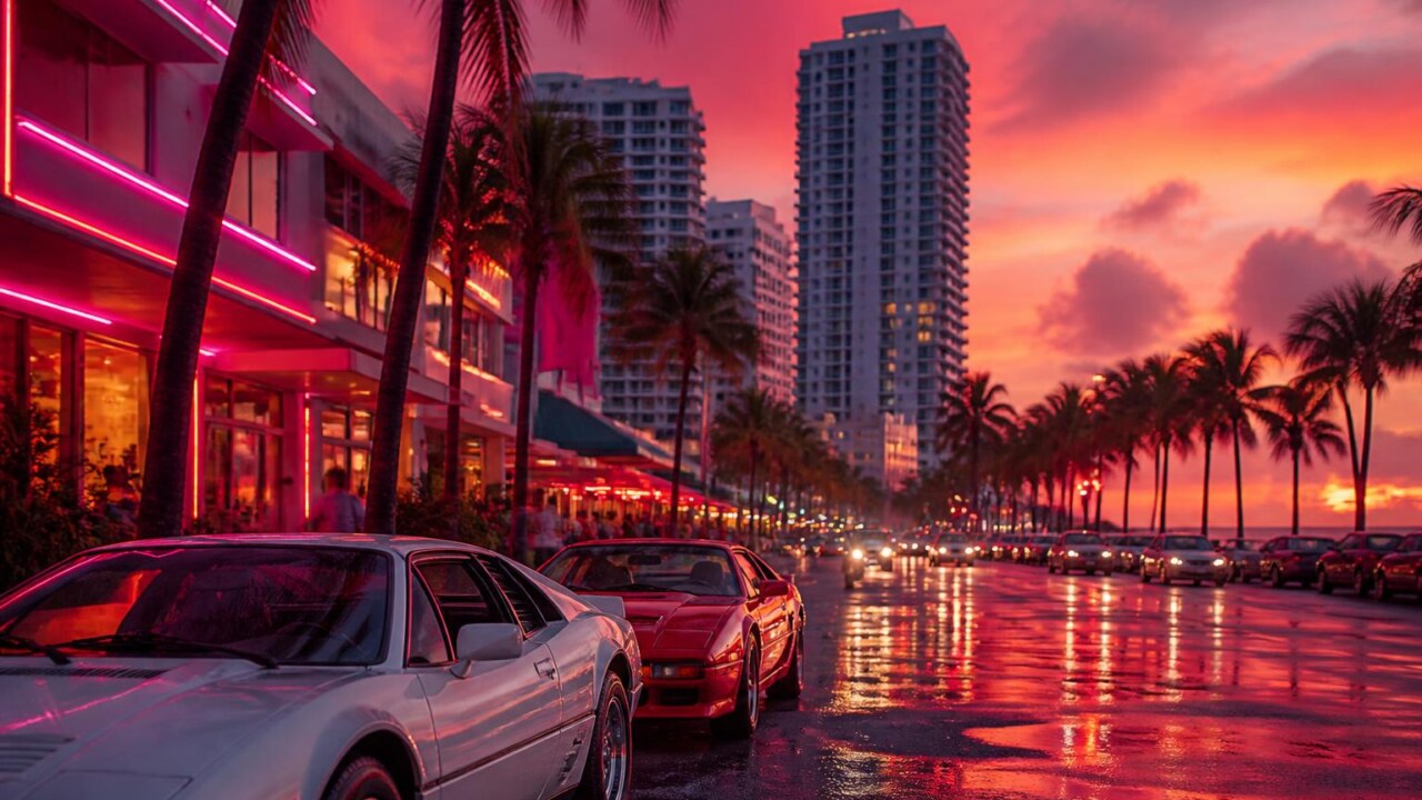 Panorâmica de Vice City com praia, prédios neon e carros clássicos ao pôr do sol