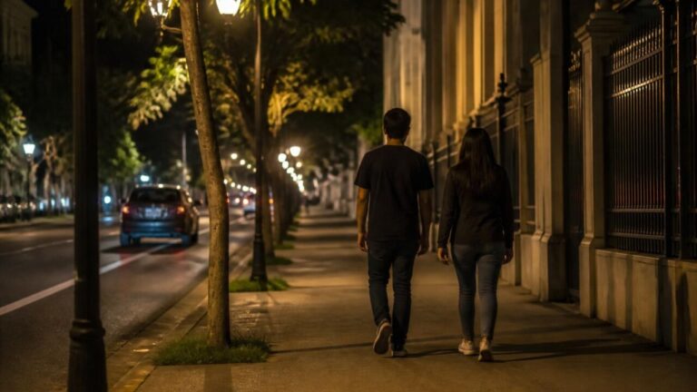 Dois transeuntes caminhando à noite em rua urbana com iluminação pública ao fundo