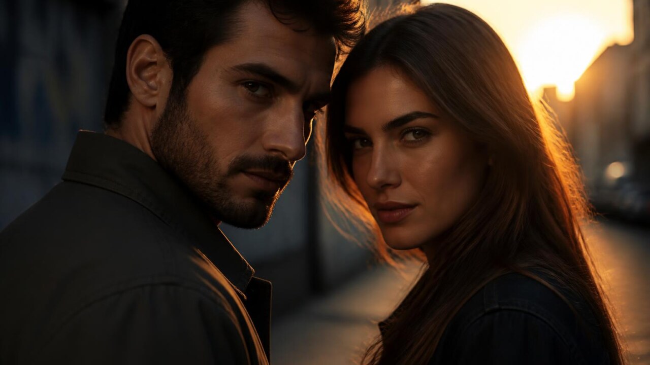Dois protagonistas conversando em tom de cumplicidade em cena dramática