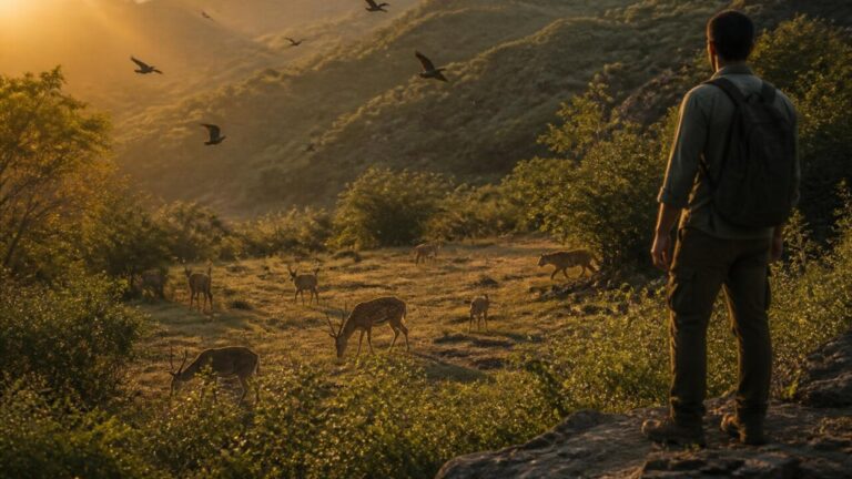 Grupo de animais selvagens em um vale, interagindo com o ambiente enquanto um jogador observa à distância.