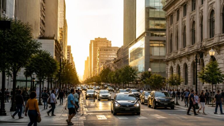 Cena fotorealista de um mundo urbano aberto com veículos e pedestres, sugerindo realismo e interação.