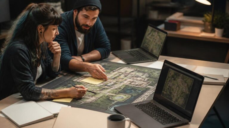 Equipe de desenvolvedores analisando mapa top-down em mesa de trabalho