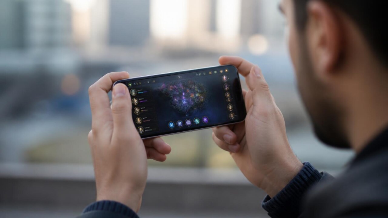 Mão segurando um smartphone com interface de jogo exibindo mensagens e mapas fictícios.