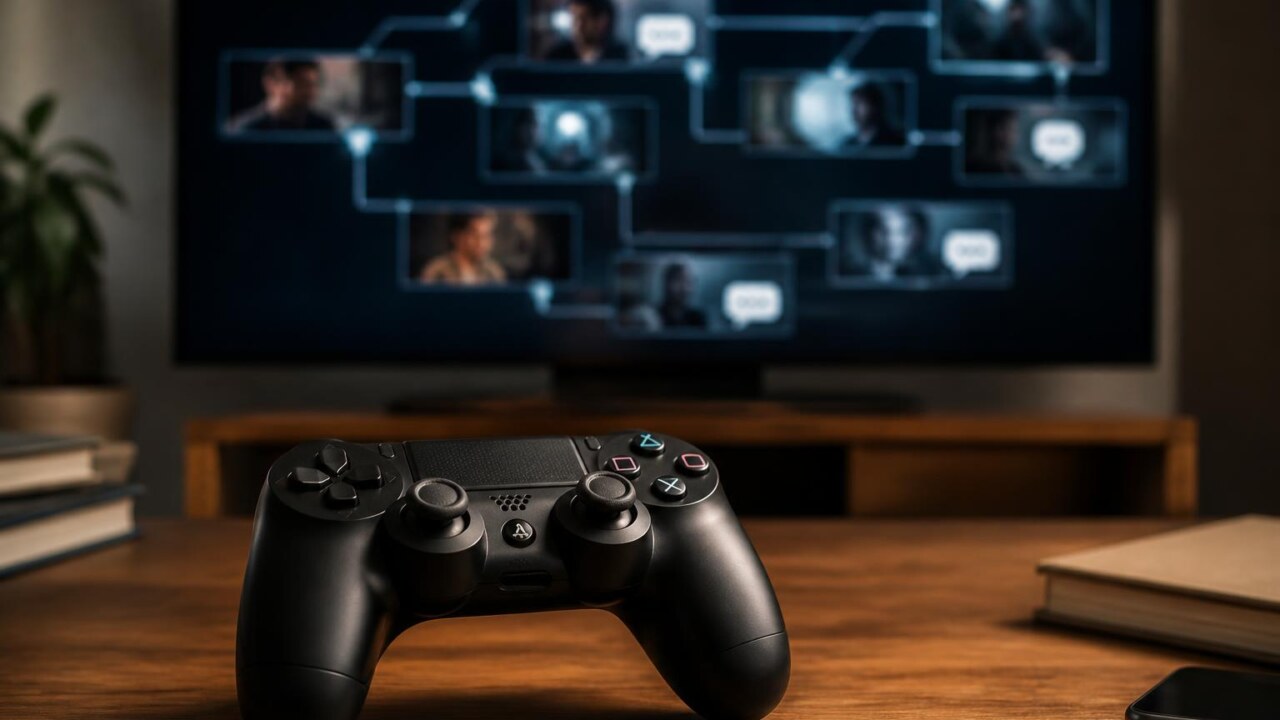 Controle de videogame sobre mesa com ícones representando decisões ramificadas em tela