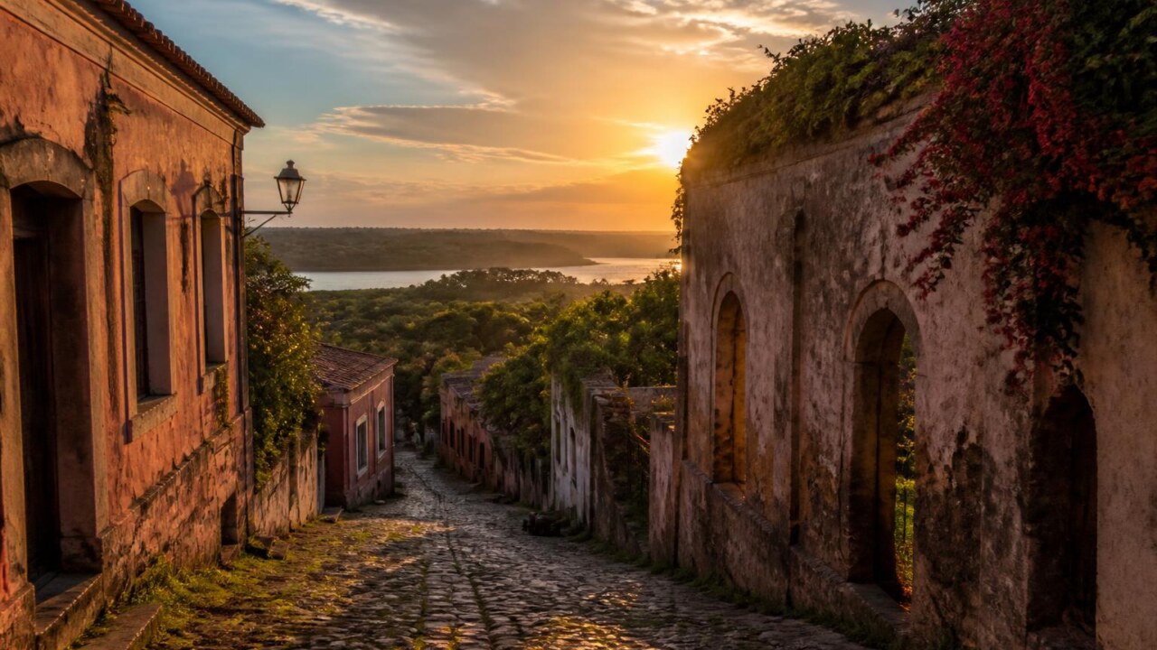 Panorama de cidade histórica com arquitetura e ruínas que lembram cenários de jogos