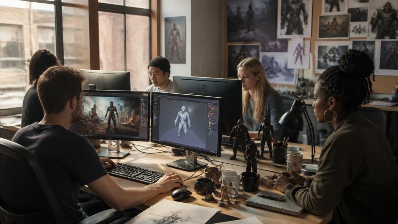 Desenvolvedores reunidos trabalhando em protótipos de jogo em estúdio moderno