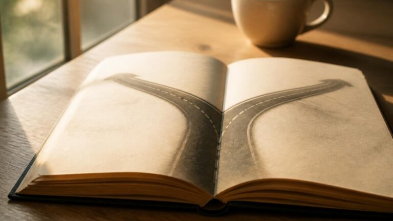 Livro aberto sobre mesa com caminhos divergentes desenhados como ruas ao redor