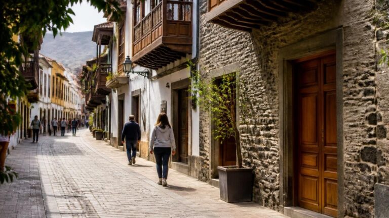 Rua histórica com arquitetura típica da região, mostrando fachadas, materiais e escala humana.