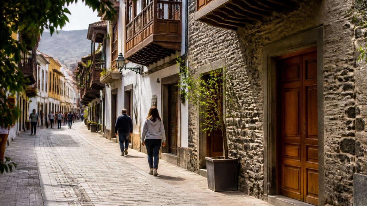 Rua histórica com arquitetura típica da região, mostrando fachadas, materiais e escala humana.