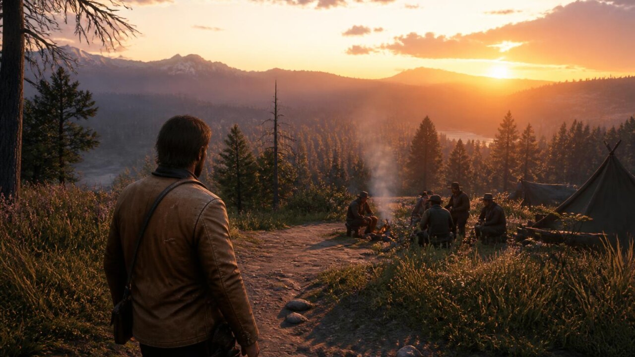 Jogador observando um pequeno grupo de NPCs e uma atividade ocorrendo em um campo aberto do mapa do jogo