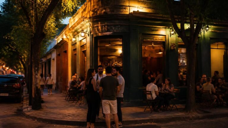 Pessoas reunidas em uma rua de bairro histórico conversando em frente a um bar com fachada antiga ao entardecer.