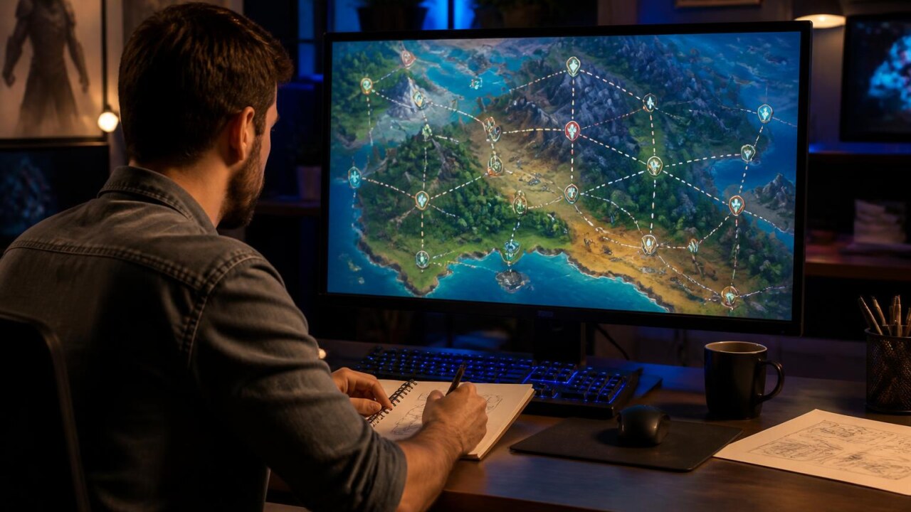 Jogador em frente a um mapa de jogo com rotas e ícones variados representando missões dinâmicas