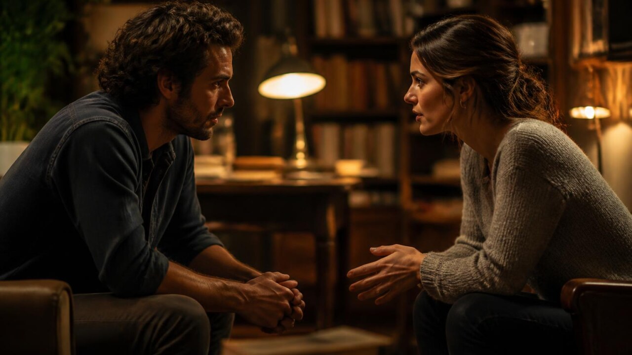 Dois personagens conversando à meia-luz, representando um relacionamento central na narrativa