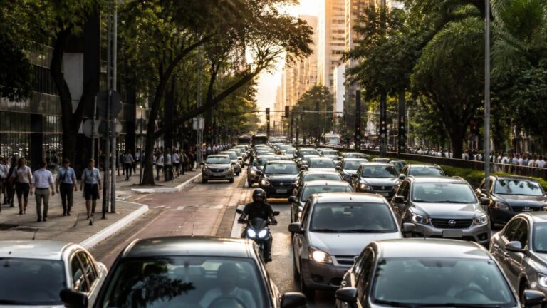 Rua urbana com tráfego em horário de pico visto do nível da rua
