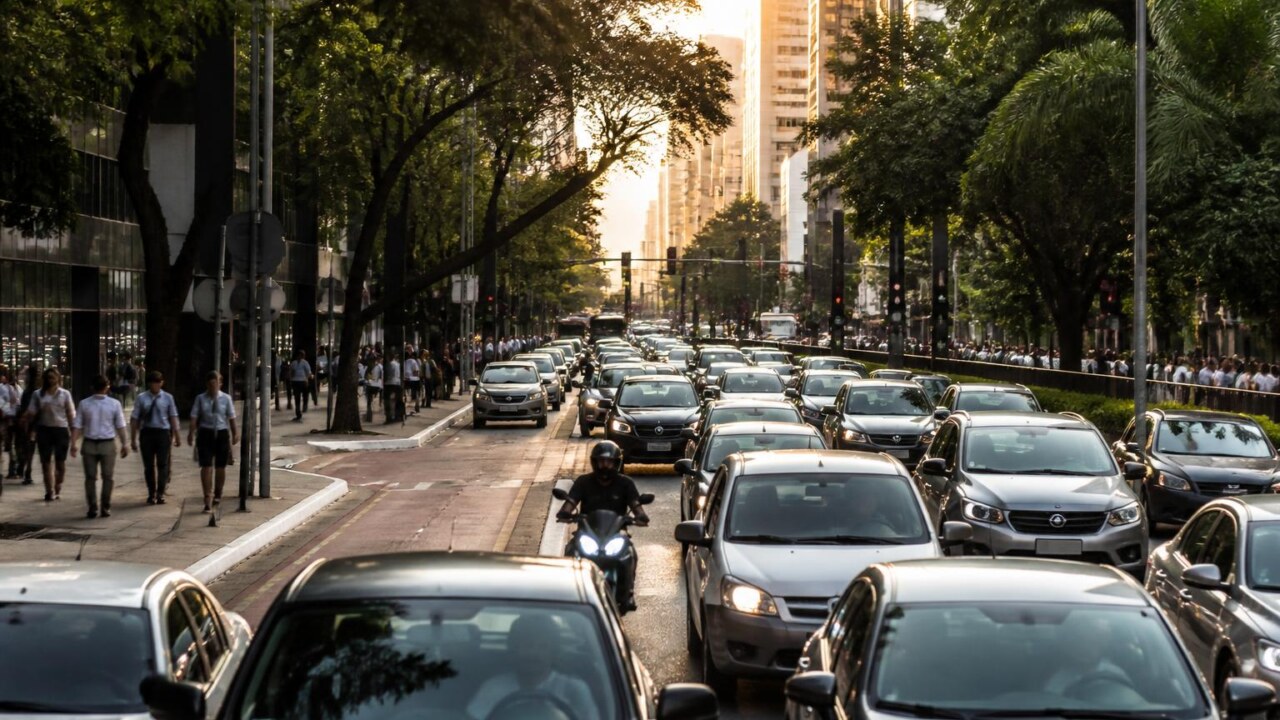 Rua urbana com tráfego em horário de pico visto do nível da rua