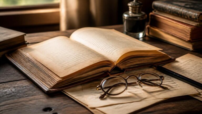 Livros antigos abertos sobre uma mesa com anotações e caneta, simbolizando personagens clássicos retornando