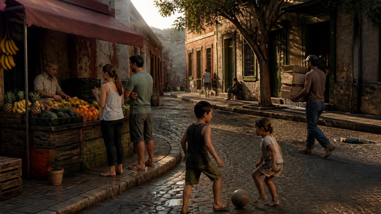 Cena de jogo com NPCs interagindo em uma rua movimentada, mostrando diversidade de ações e expressões.