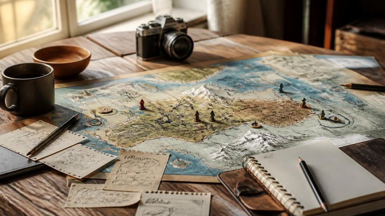 Mapa de jogo com detalhes antigos e ruínas que remetem a jogos anteriores